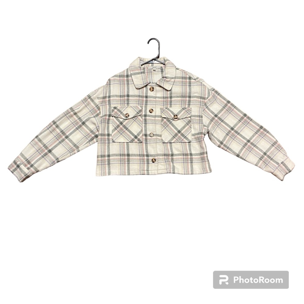 Women’s White Plaid Cropped “shacket” light fleece. Papaya Size Medium